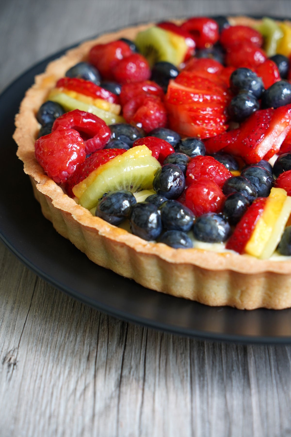 Close up view of fruits on a fruit tart.