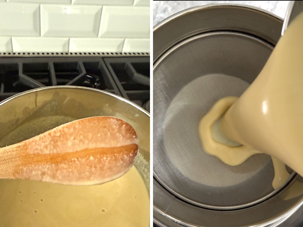 Double photo: Cooked custard being tested on wooden spoon. Custard being poured through a sieve.