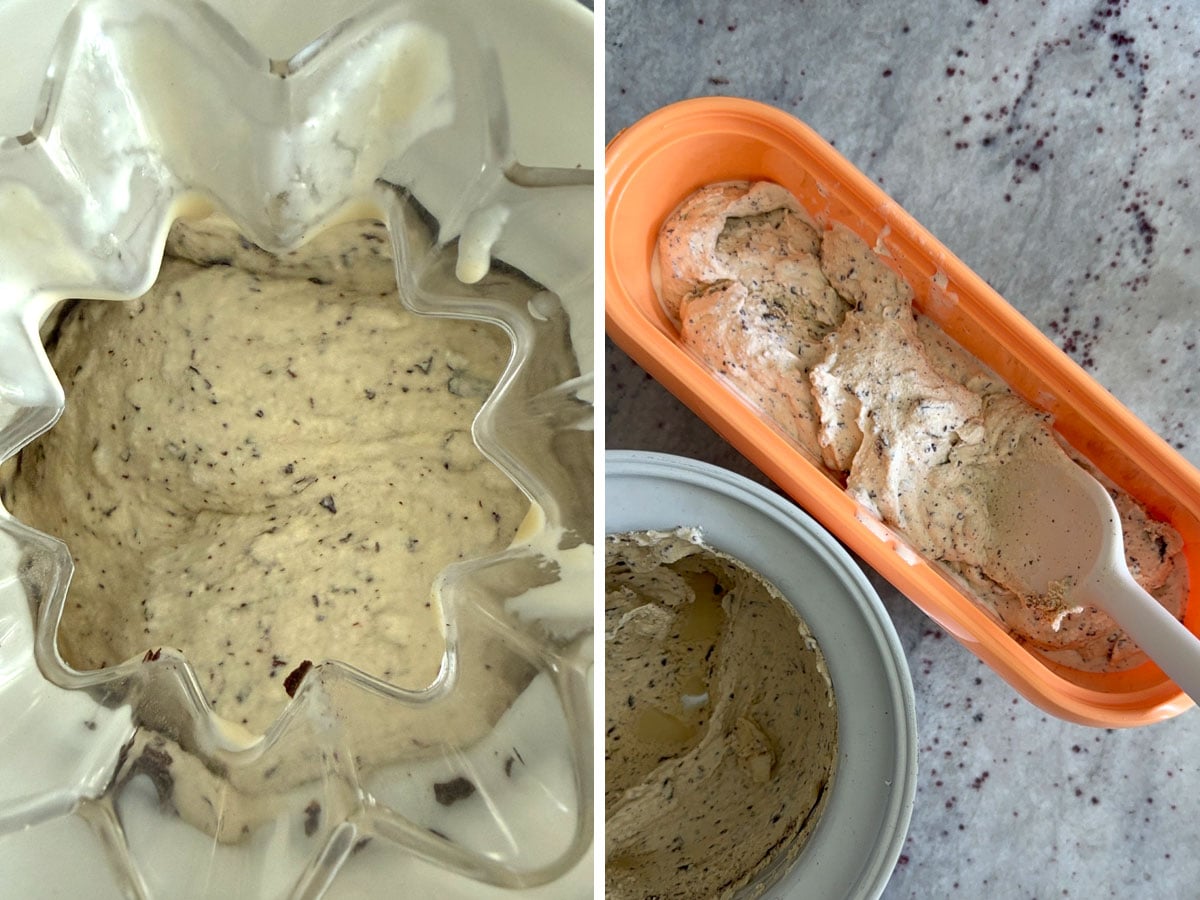 Double photo: Ice cream churning in ice cream maker. Finished ice cream in container.