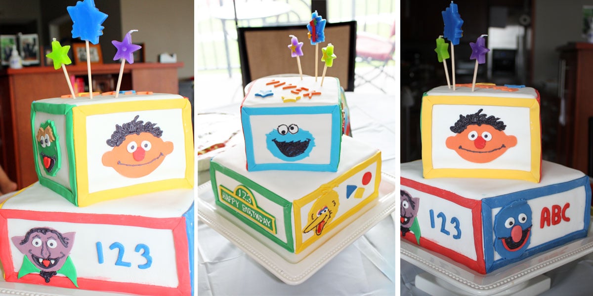 Sesame street two tiered fondant cake triple picture showing character design on all sides of the cake.