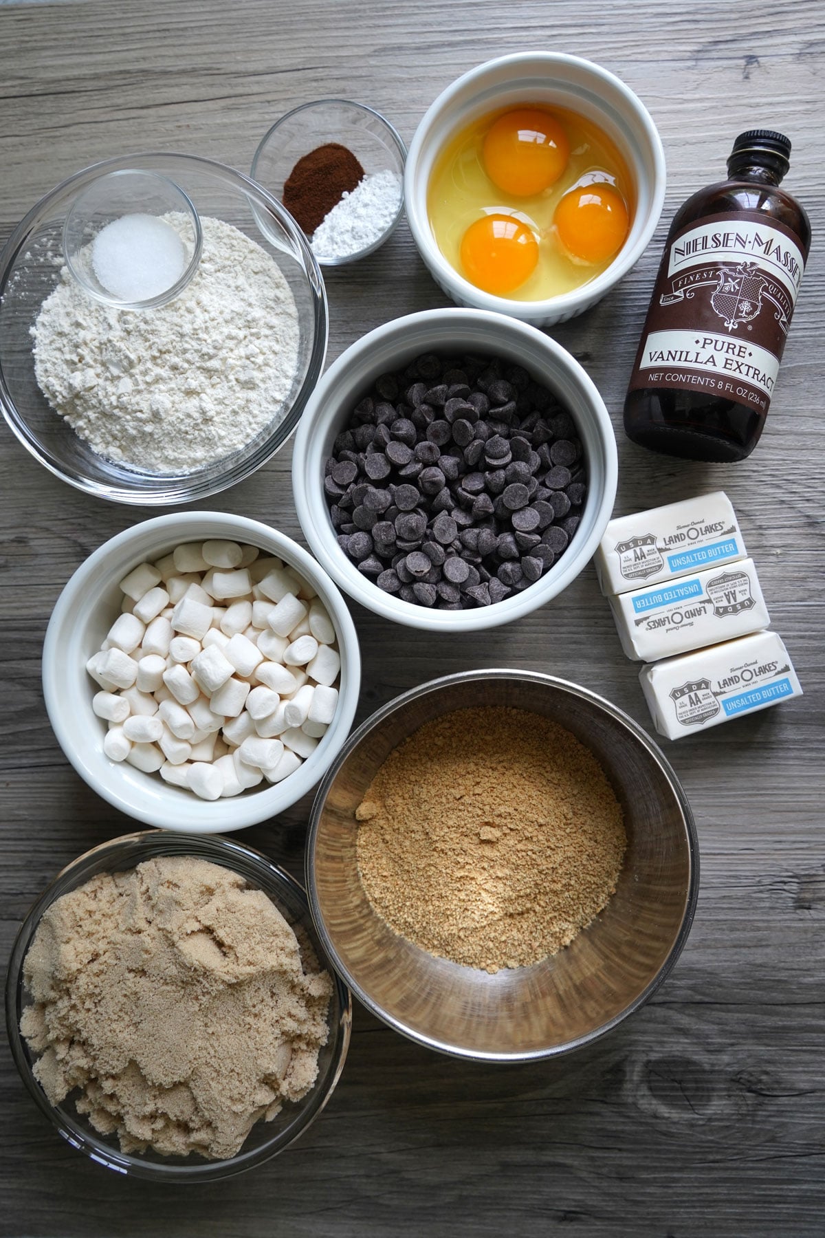 Ingredients for chocolate chip marshmallow cookie bars.
