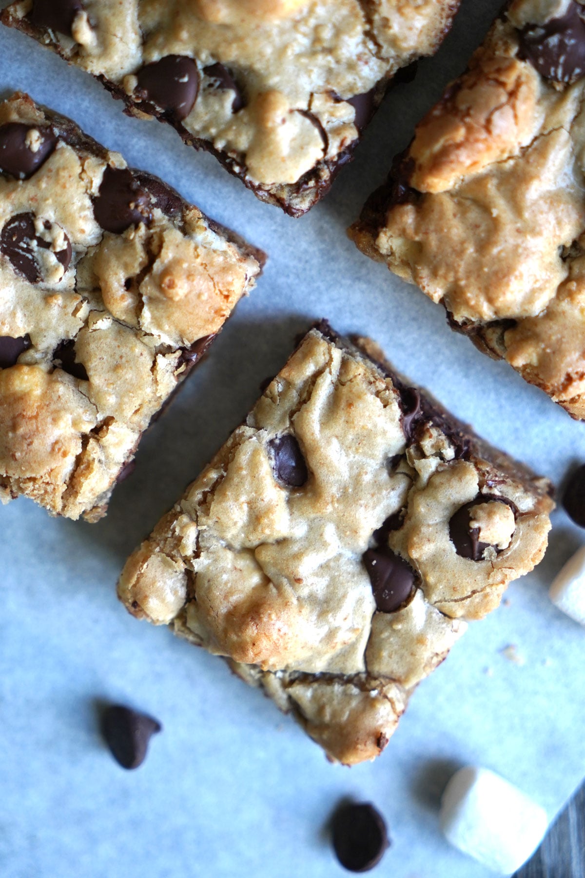 Top view of cut s'mores cookie bars.