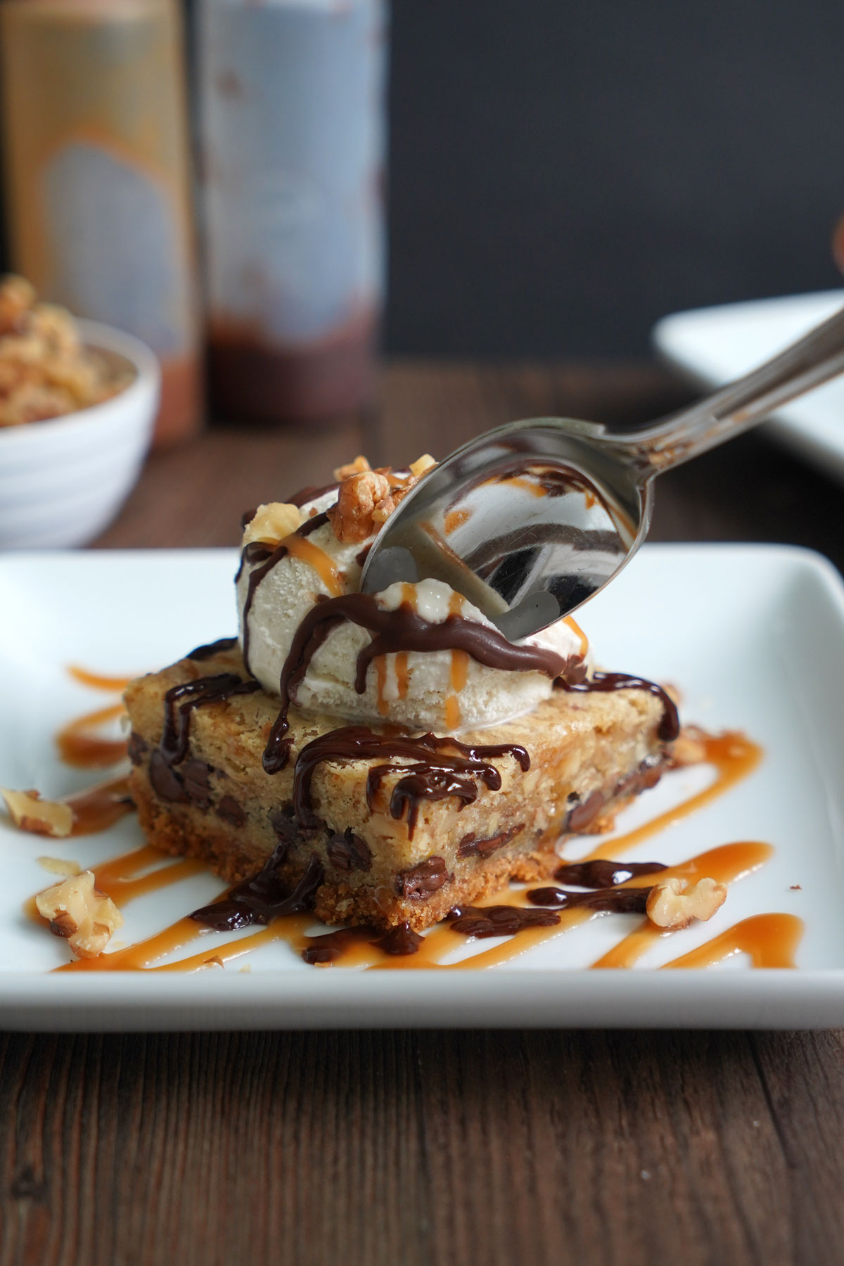 Chocolate chip paradise pie dessert with spoon.