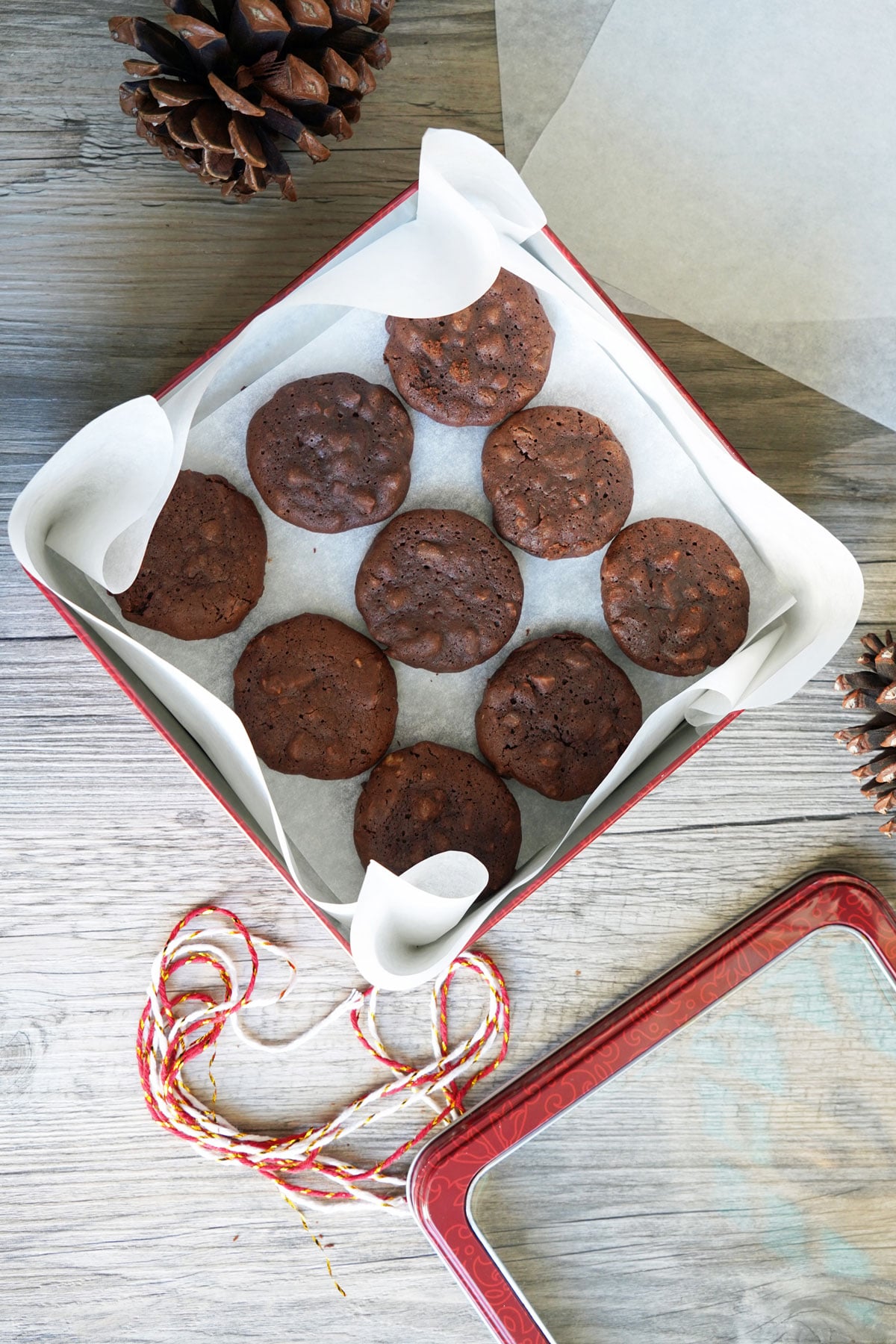 Cookie tin with mocha almond cookies.