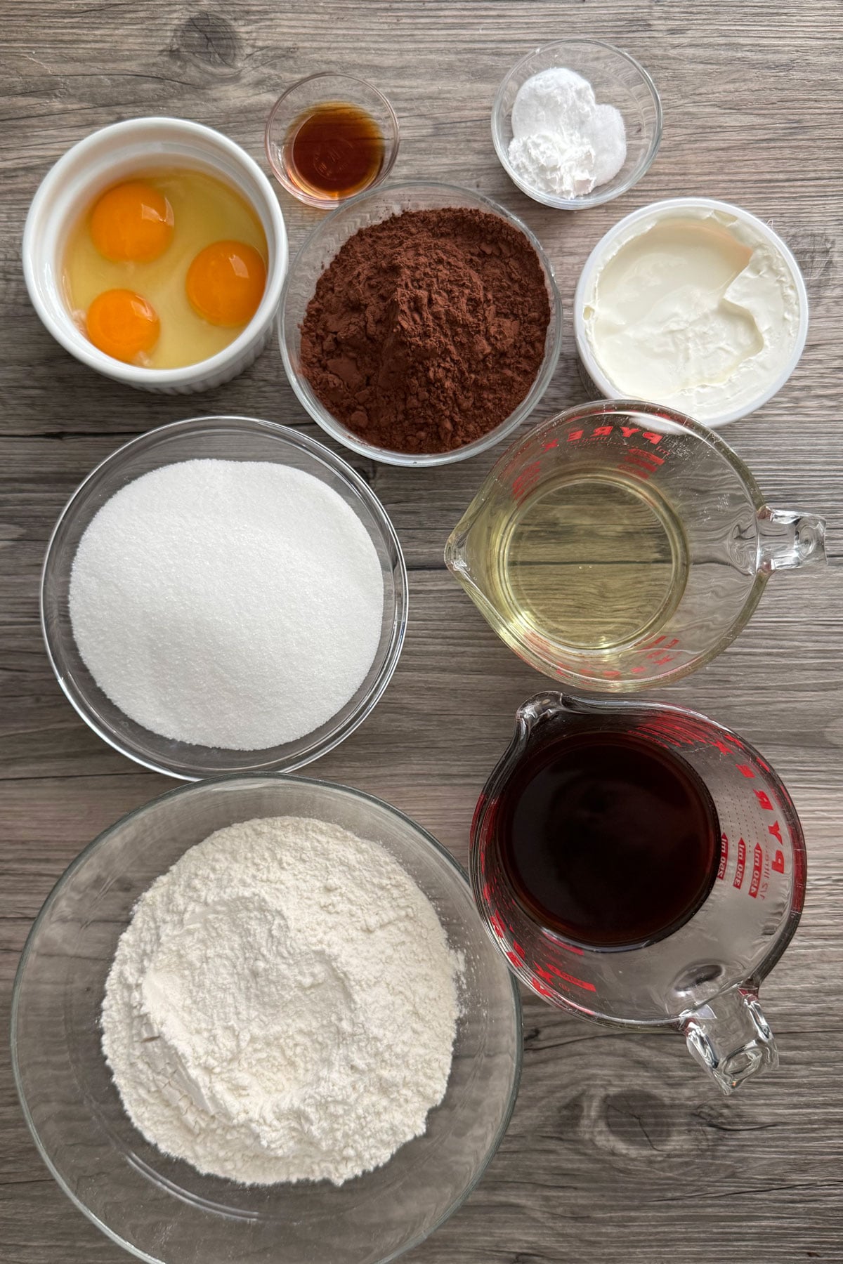 Ingredients for making a one bowl 9x13 chocolate cake.