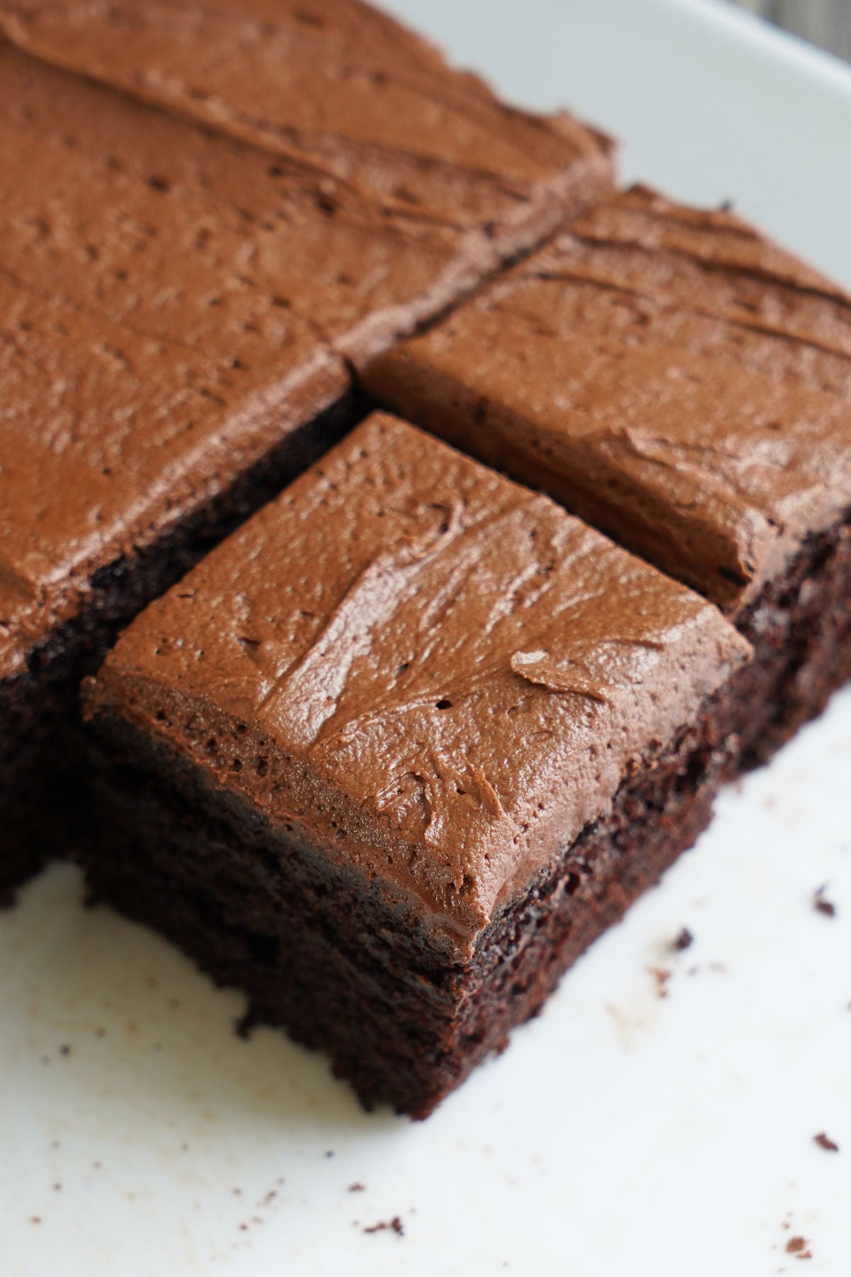 Overhead view of a 9x13 chocolate cake frosted on top with fudge frosting.