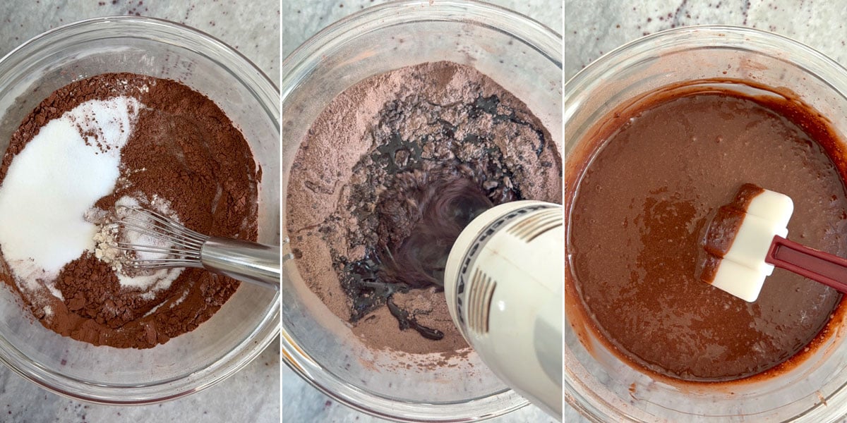 Three-step collage showing dry ingredients whisked in a bowl, wet ingredients mixed in with a hand mixer, and the thin, liquid chocolate cake batter.